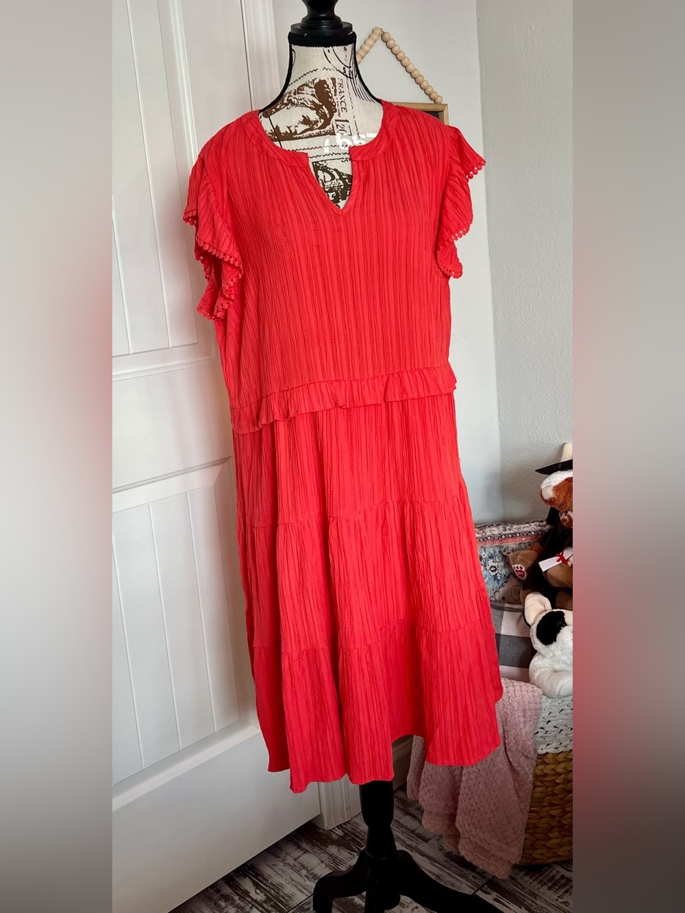 THML Coral Red Textured Tiered Dress Flutter Sleeve Pom Trim Large